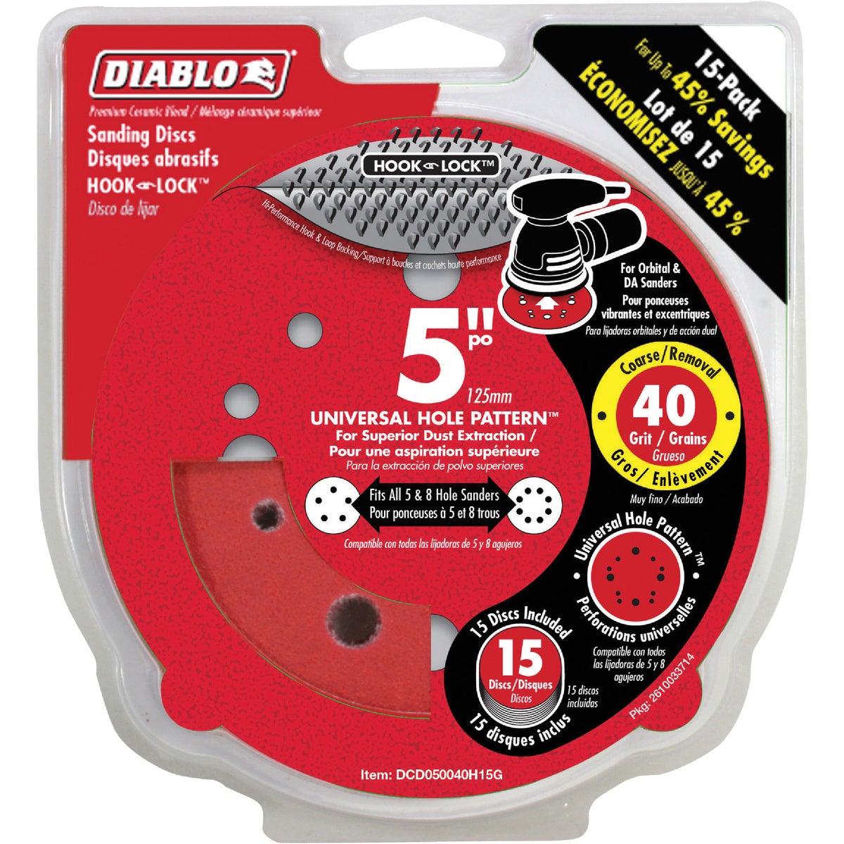 Diablo 5 In. 40-Grit Universal 12-Hole Vented Sanding Disc with Hook and Lock Backing (15-Pack)