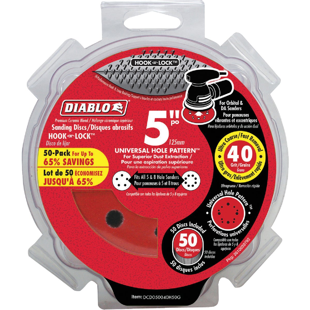 Diablo 5 In. 40-Grit Universal 12-Hole Vented Sanding Disc with Hook and Lock Backing (50-Pack)