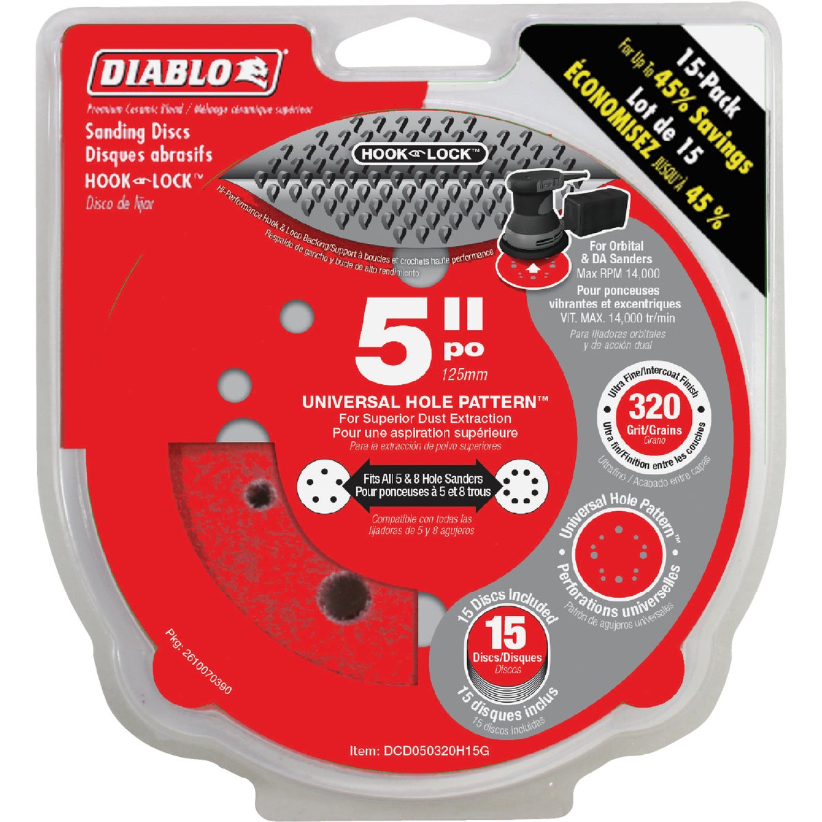 Diablo 5 In. 320-Grit Universal 12-Hole Vented Sanding Disc with Hook and Lock Backing (15-Pack)