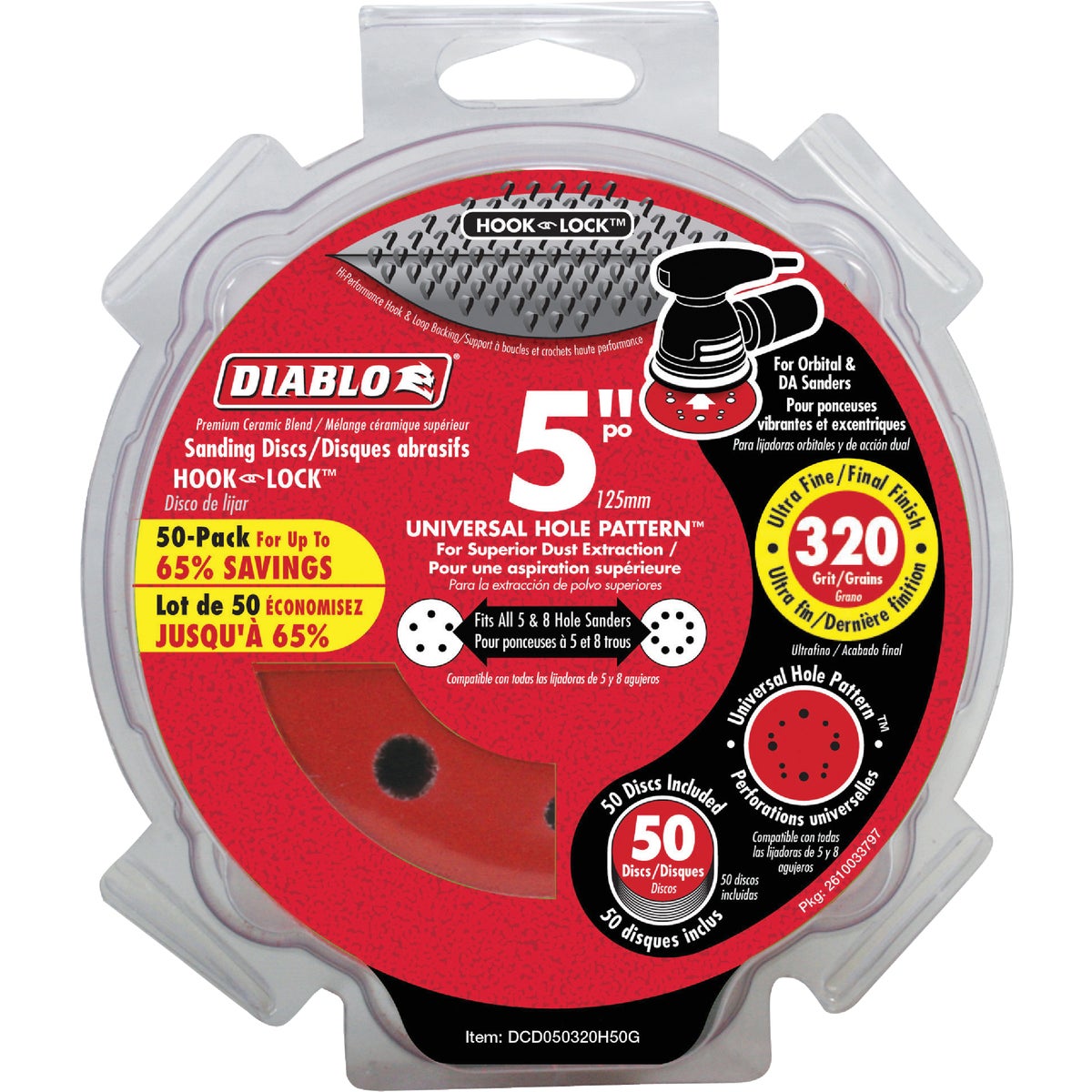 Diablo 5 In. 320-Grit Universal 12-Hole Vented Sanding Disc with Hook and Lock Backing (50-Pack)