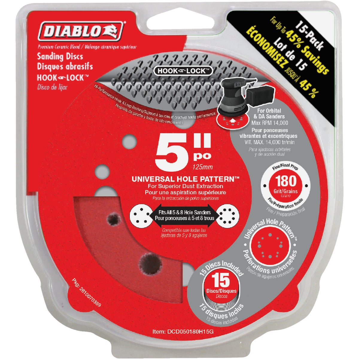 Diablo 5 In. 180-Grit Universal 5-Hole Hook and Lock Vented Sanding Disc (15-Pack)