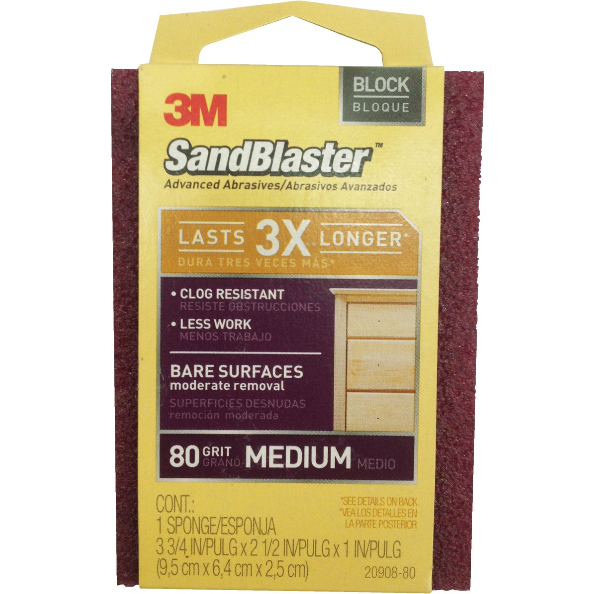3M SandBlaster Bare Surfaces 2-1/2 In. x 3-3/4 In. x 1 In. 80 Grit Medium Sanding Sponge