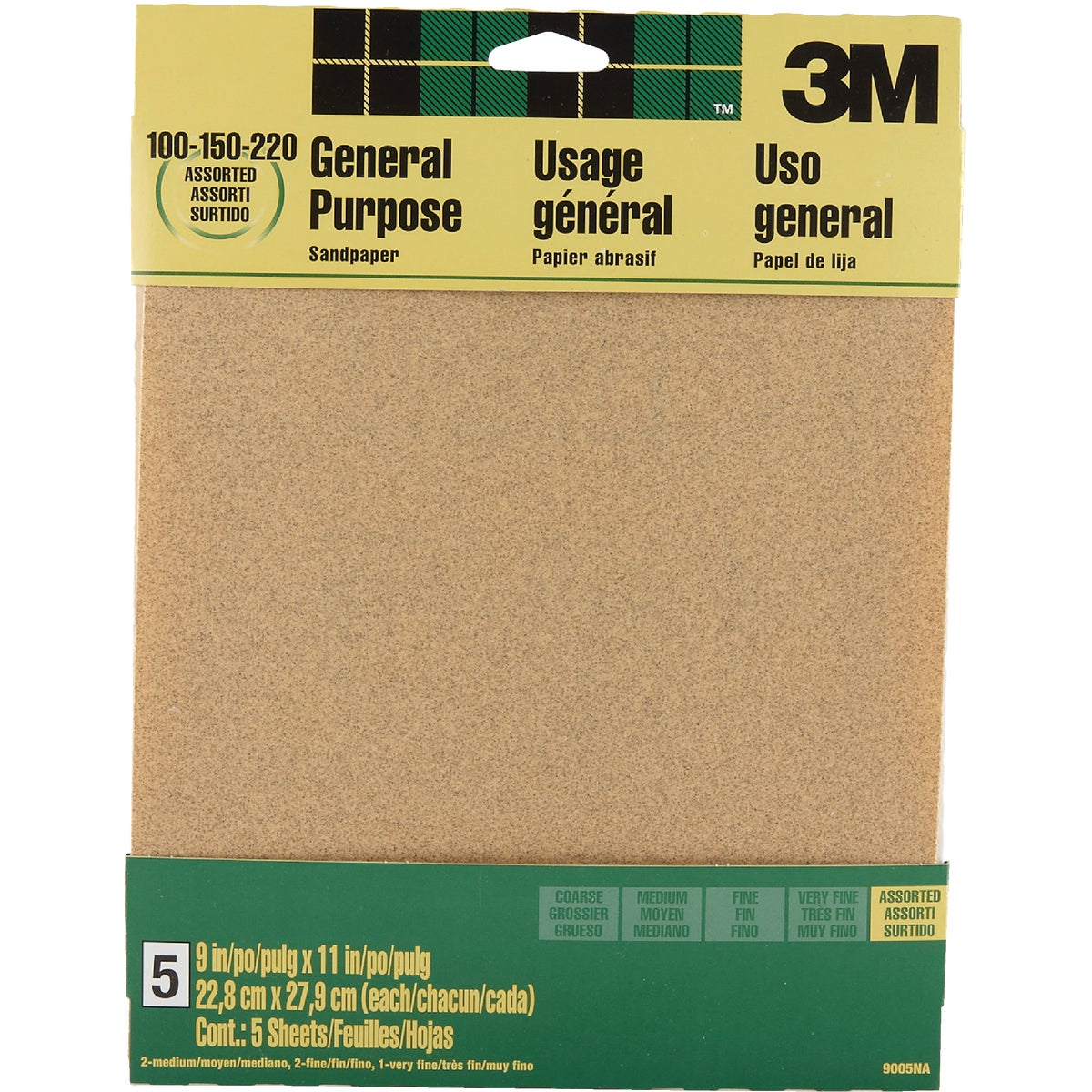 3M General Purpose 9 In. x 11 In. 220/150/100 Grit Assorted Grade Sandpaper (5-Pack)