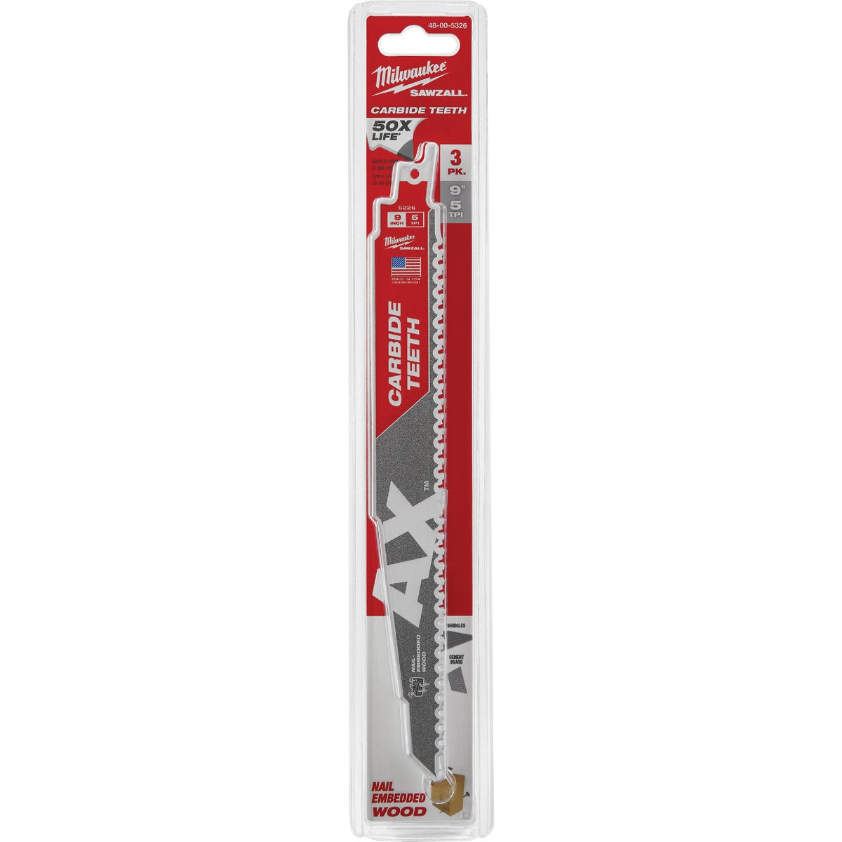 Milwaukee SAWZALL The AX 9 In. 5 TPI Wood w/Nails Demolition Reciprocating Saw Blade with Carbide Teeth (3-Pack)