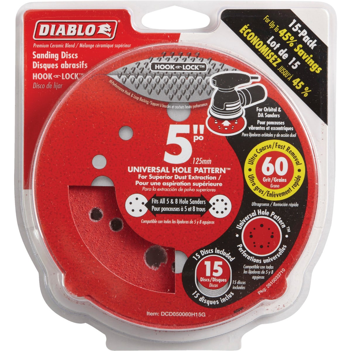 Diablo 5 In. 60-Grit Universal Hole Pattern Vented Sanding Disc with Hook and Lock Backing (15-Pack)