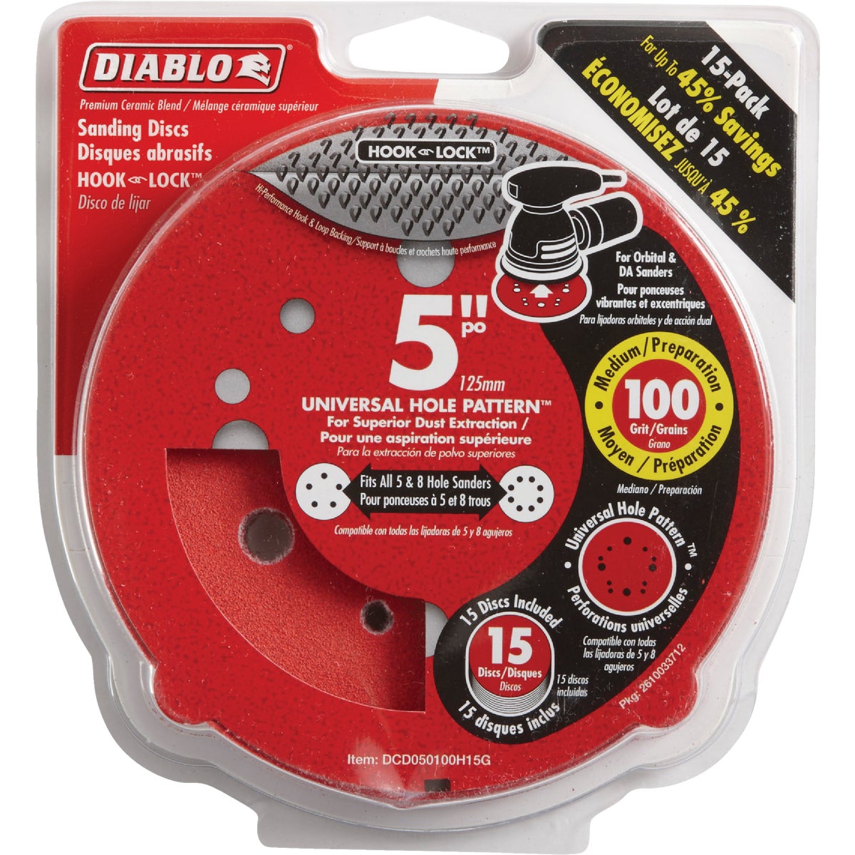 Diablo 5 In. 100-Grit Universal Hole Pattern Vented Sanding Disc with Hook and Lock Backing (15-Pack)