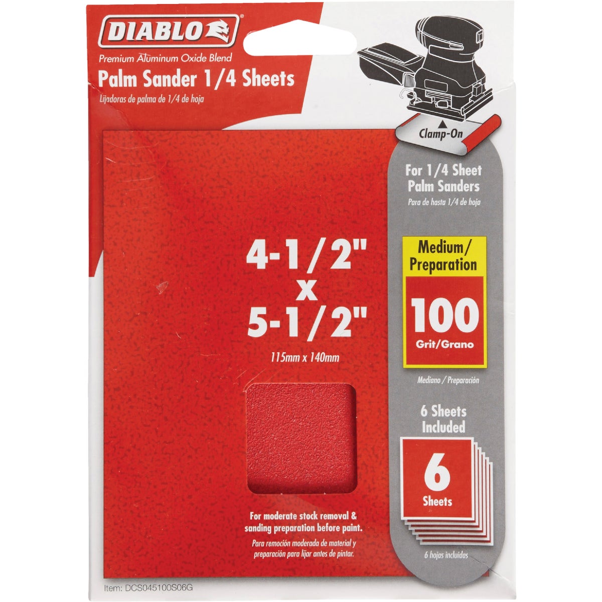 Diablo Clamp-On 100 Grit 4-1/2 In. x 5-1/2 In. 1/4 Sheet Sandpaper (6-Pack)