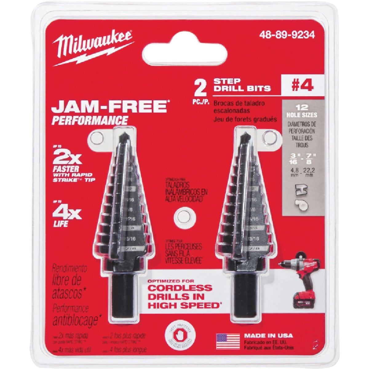 Milwaukee 3/16 In. - 7/8 In. #4 Step Drill Bit, 12 Steps (2-Pack)