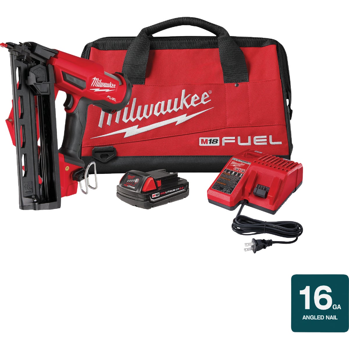 Milwaukee M18 FUEL 18 Volt Lithium-Ion Brushless 16-Gauge 2-1/2 In. Angled Cordless Finish Nailer Kit