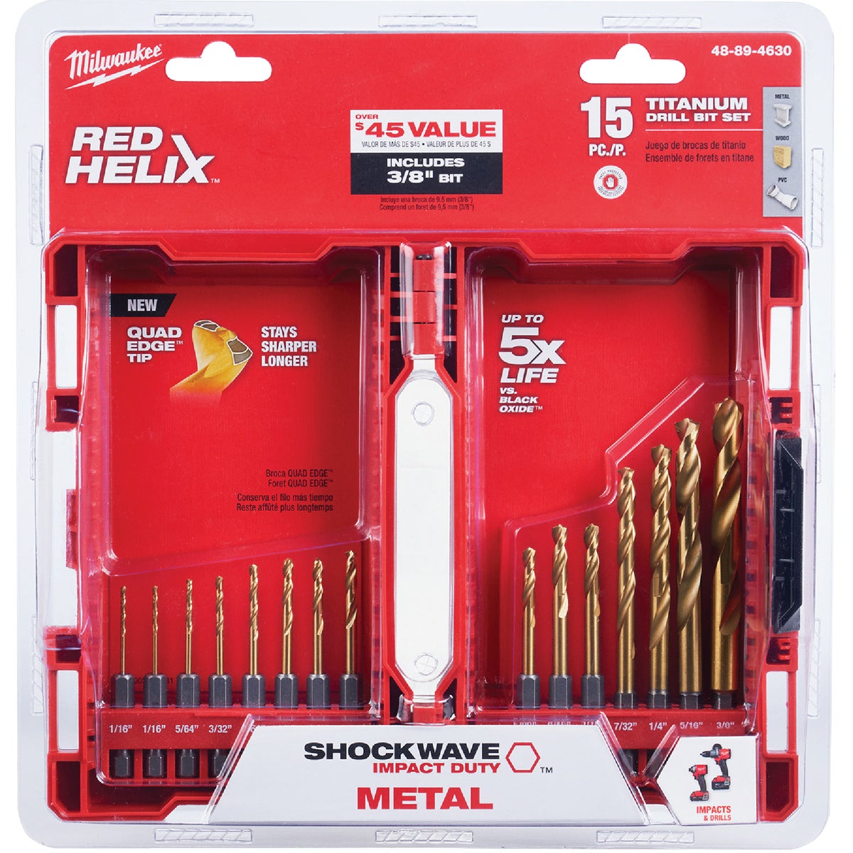 Milwaukee SHOCKWAVE 15-Piece Impact Duty Titanium Hex Shank Drill Bit Set, 1/16 In. thru 3/8 In.