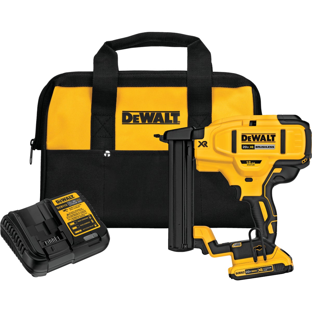 DEWALT 20 Volt MAX XR Lithium-Ion Brushless 18-Gauge 1/4 In. Crown Cordless Finish Stapler Kit