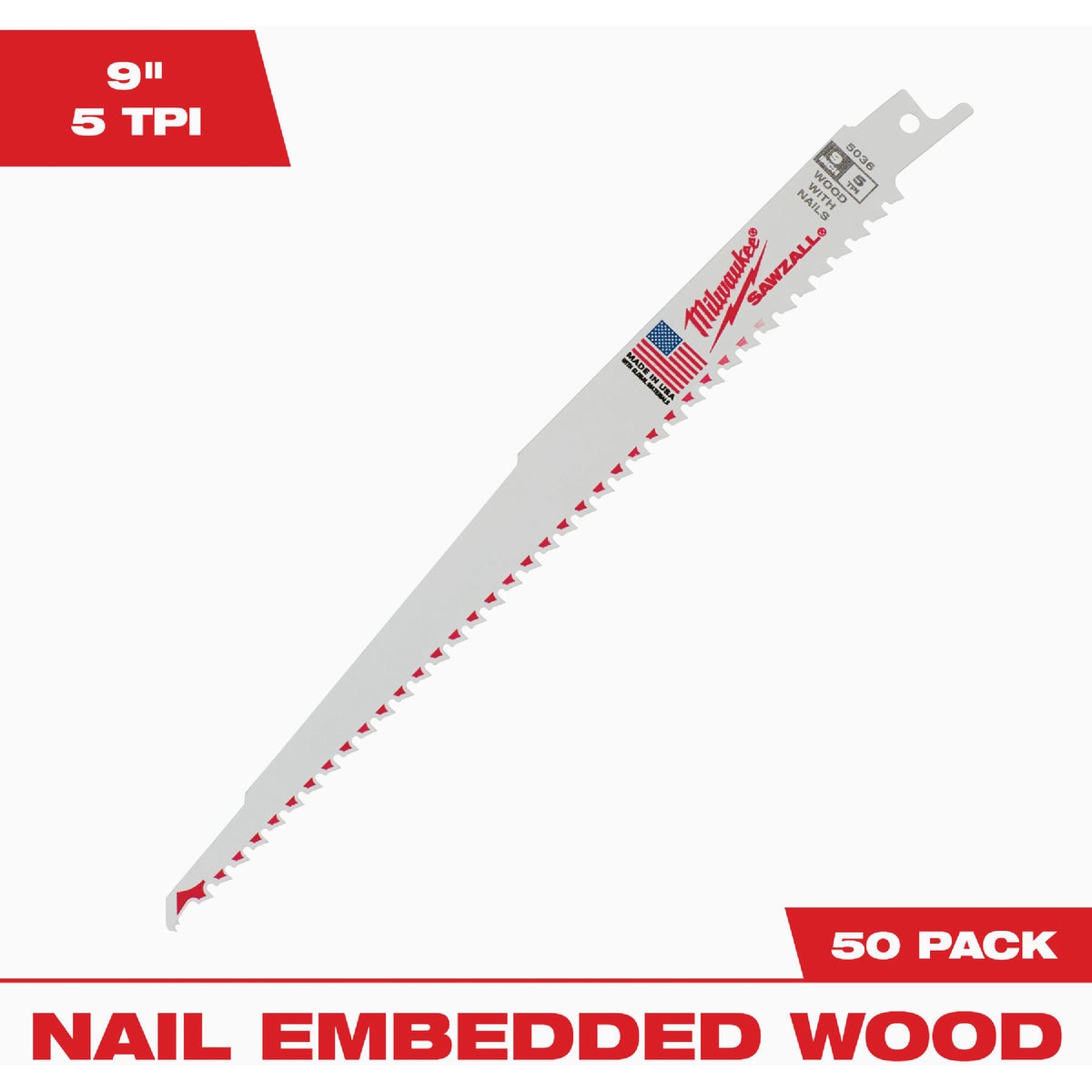 Milwaukee SAWZALL 9 In. 5 TPI Wood w/Nails Reciprocating Saw Blade (50-Pack)