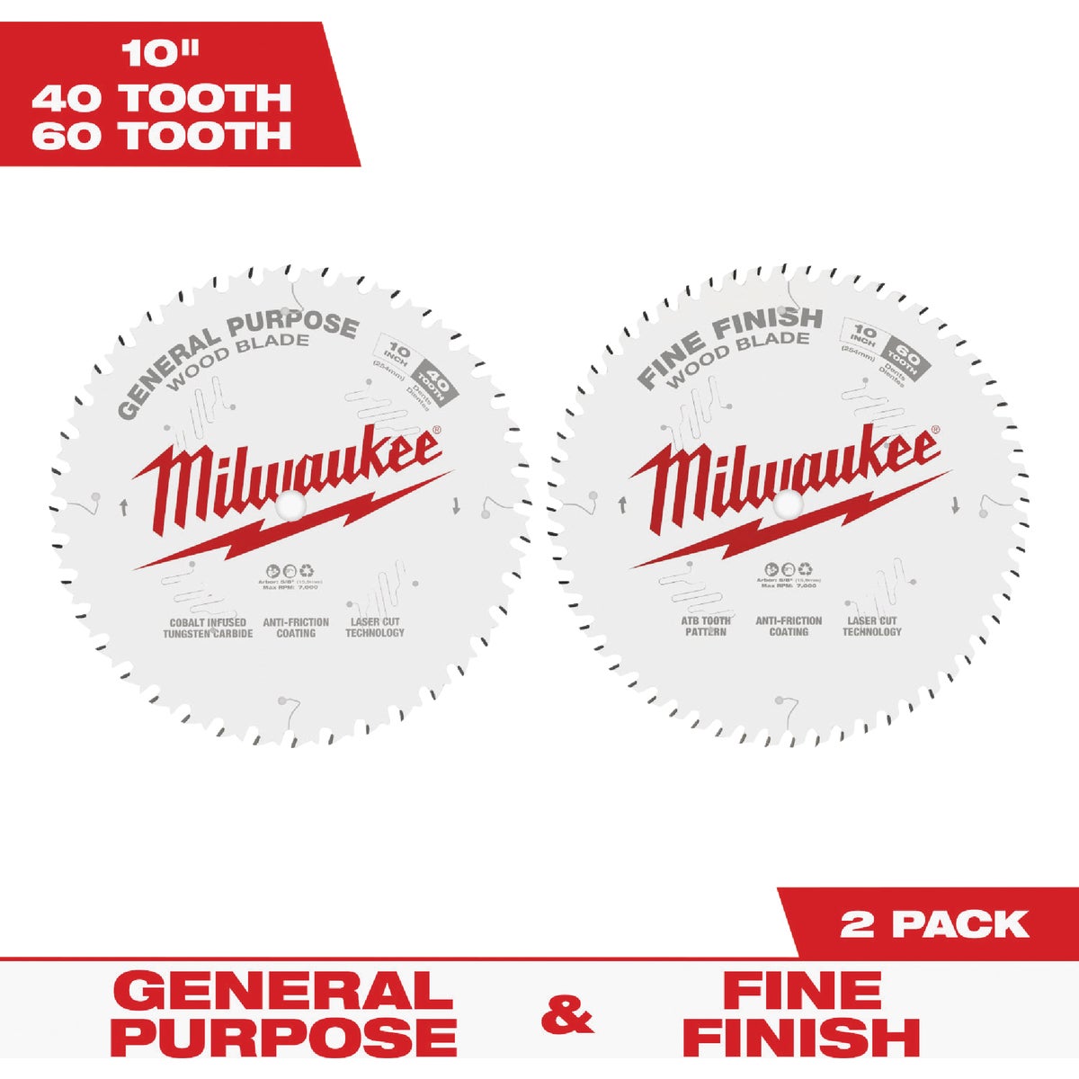 Milwaukee 10 In. 40-Tooth General Purpose & 60-Tooth Fine Finish Wood Circular Saw Set