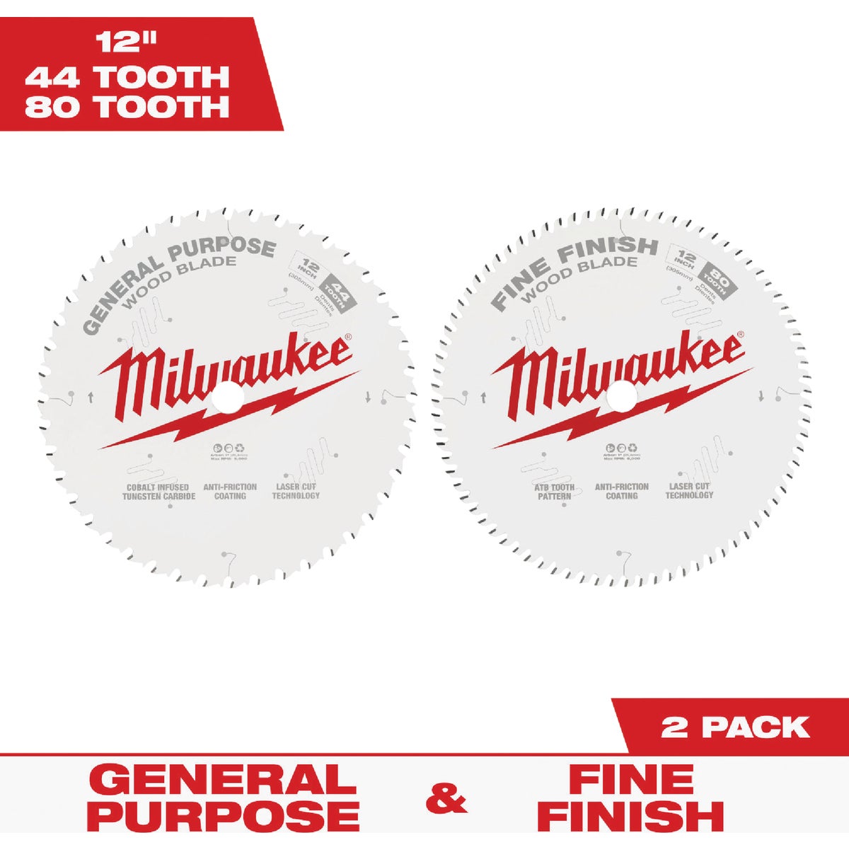 Milwaukee 12 In. 44-Tooth General Purpose & 80-Tooth Fine Finish Wood Circular Saw Blade Set