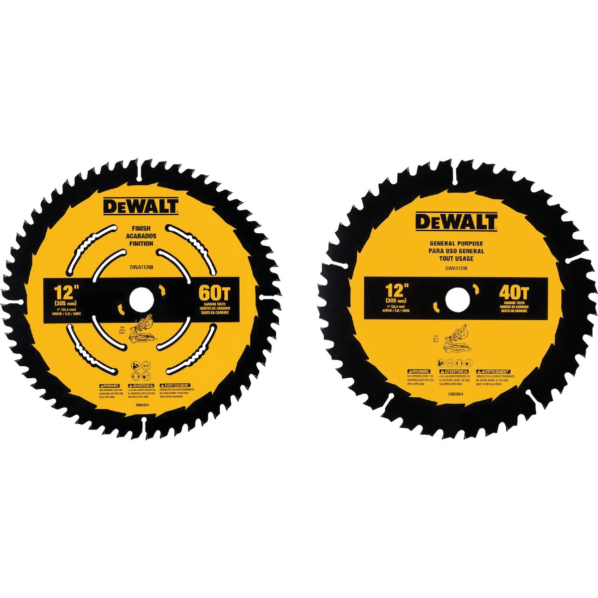 DEWALT 12 In. 40-Tooth General Purpose & 60-Tooth Fine Finish Wood Circular Saw Blade Set (2-Pack)