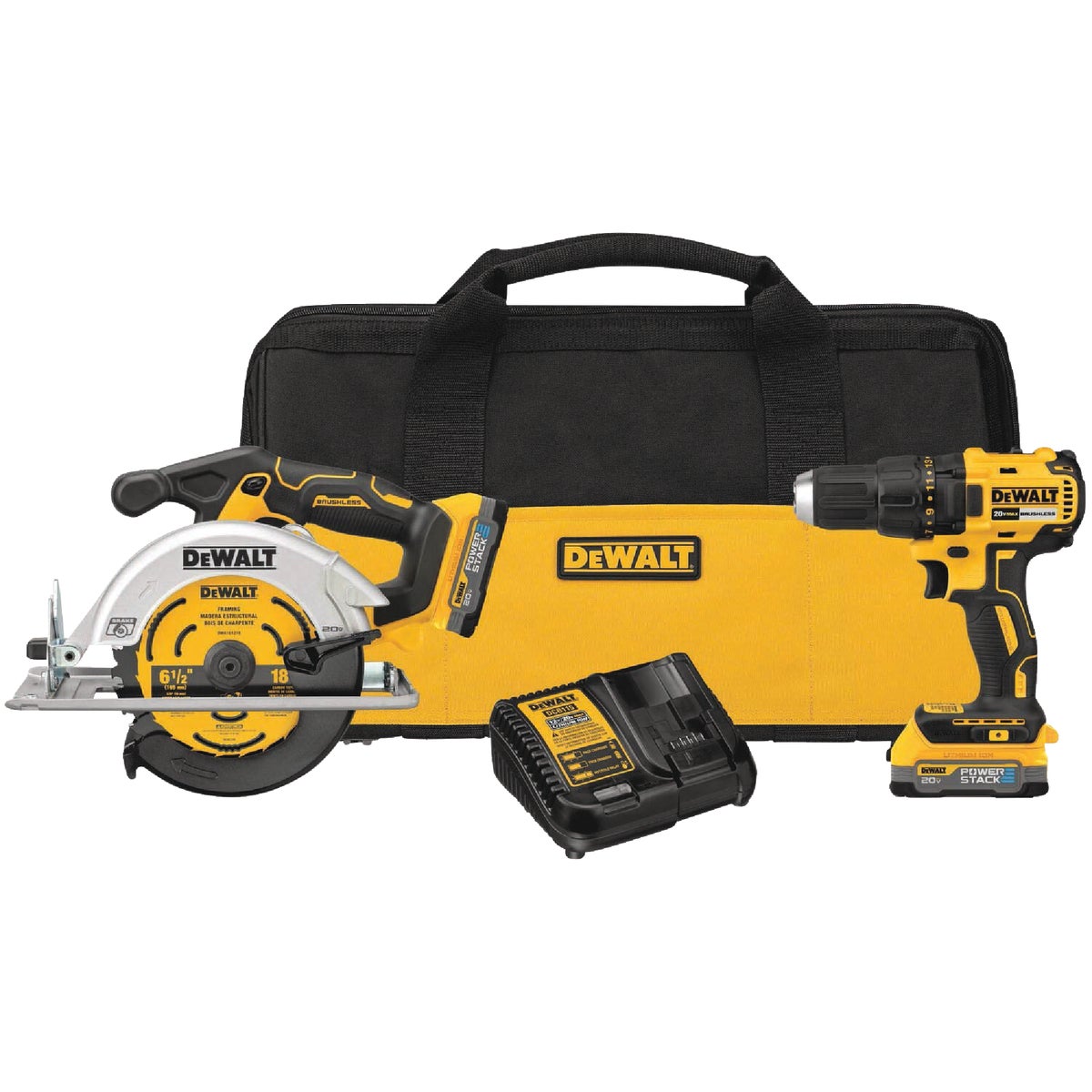 DEWALT 2-Tool 20V MAX Lithium-Ion Brushless Drill/Driver & Circular Saw Cordless Tool Combo Kit with 2 POWERSTACK Batteries