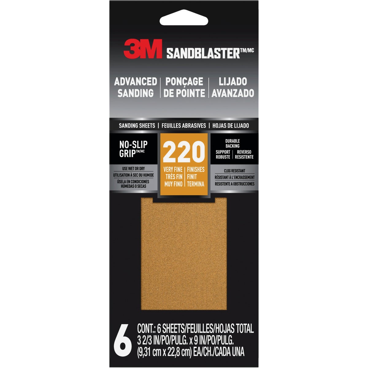 3M SandBlaster No Slip Grip Backing 3-2/3 In. x 9 In. 220 Grit Fine Sandpaper (6-Pack)