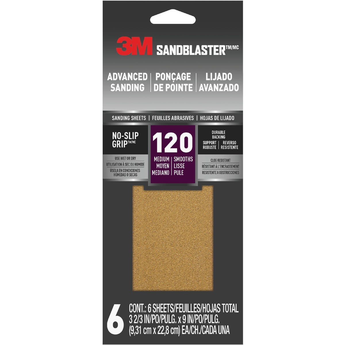 3M SandBlaster No Slip Grip Backing 3-2/3 In. x 9 In. 120 Grit Medium Sandpaper (6-Pack)