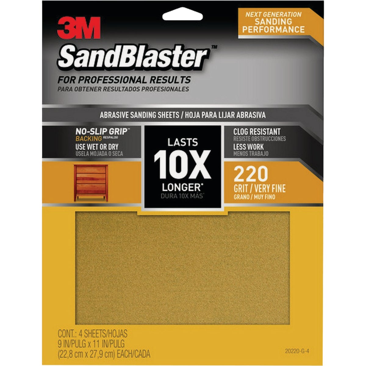 3M SandBlaster No Slip Grip Backing 9 In. x 11 In. 220 Grit Very Fine Sandpaper (4-Pack)