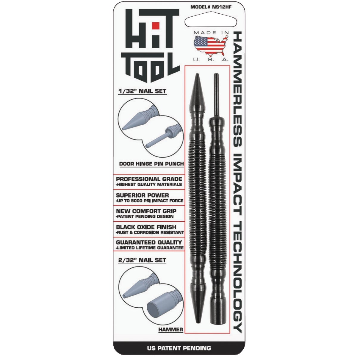 HIT Tool 1/32 In. & 2/32 In. x 7 In. HSS Steel Hammerless Spring Loaded Nail Set & Door Pin Remover