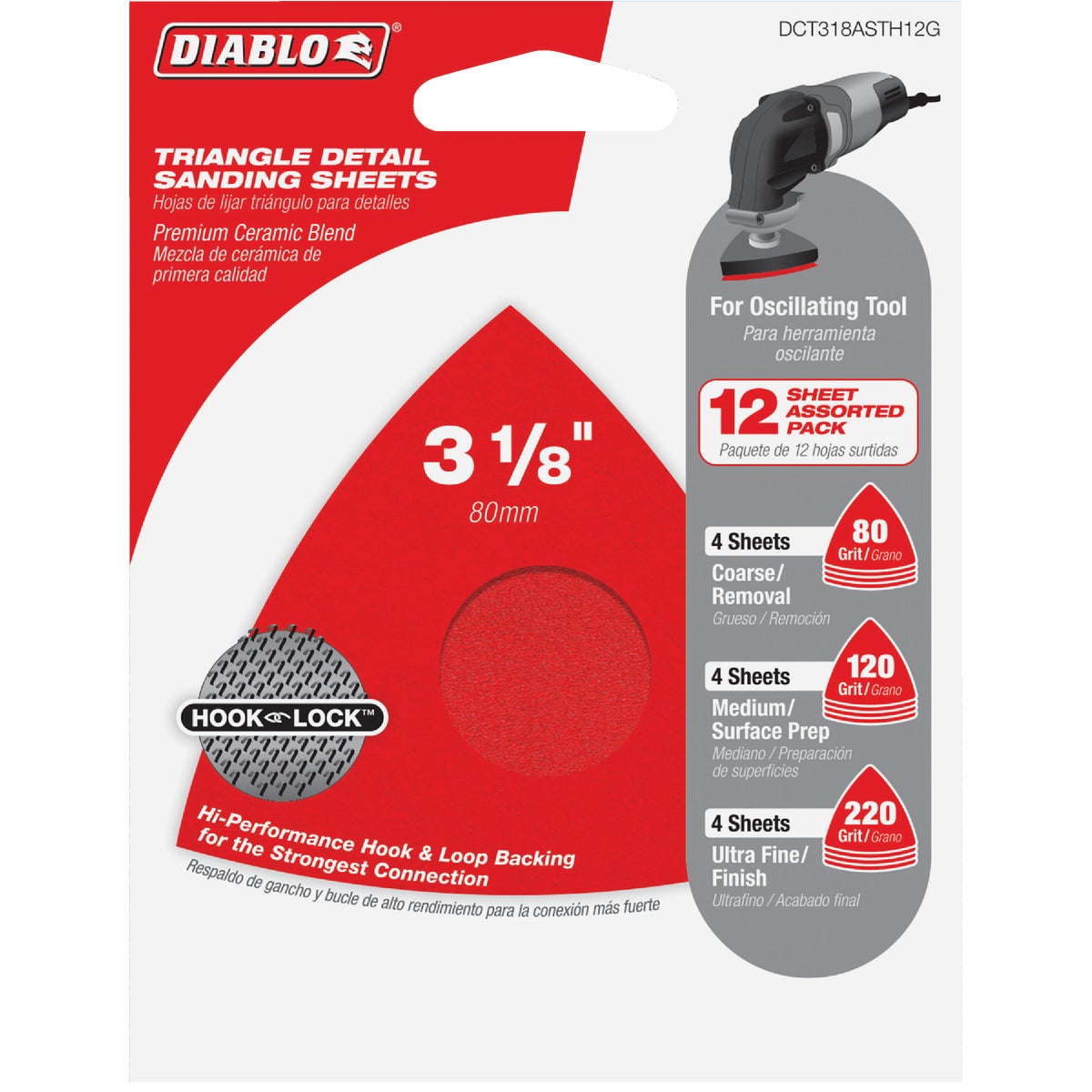 Diablo 3-1/8 In. 80/120/220 Grit Oscillating Detail Triangle Sandpaper Assorted Pack (12-Pack)