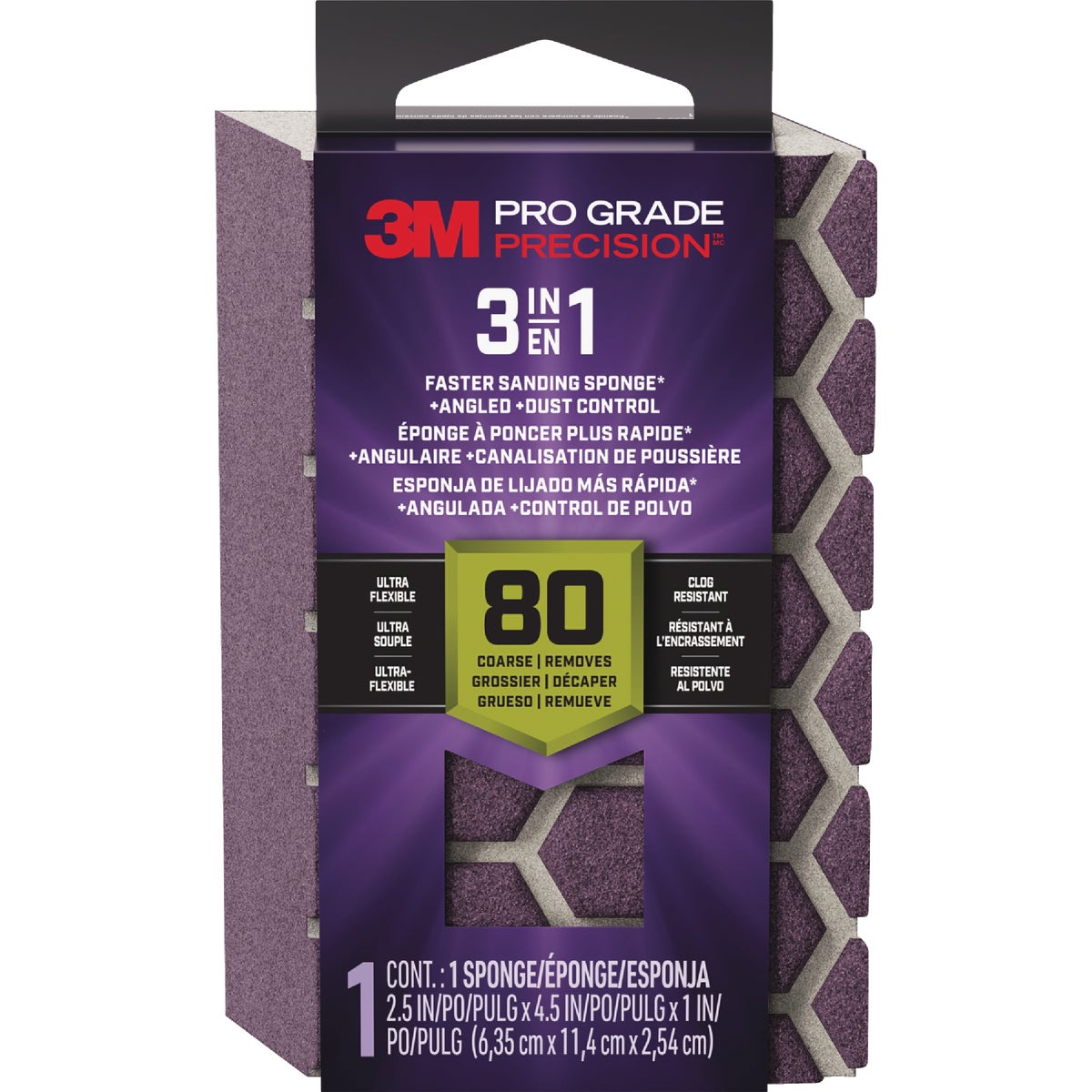 3M Pro Grade Precision 2.5 In. x 4.5 In. x 1 In. 80 Grit Coarse 3-in-1 Sanding Sponge