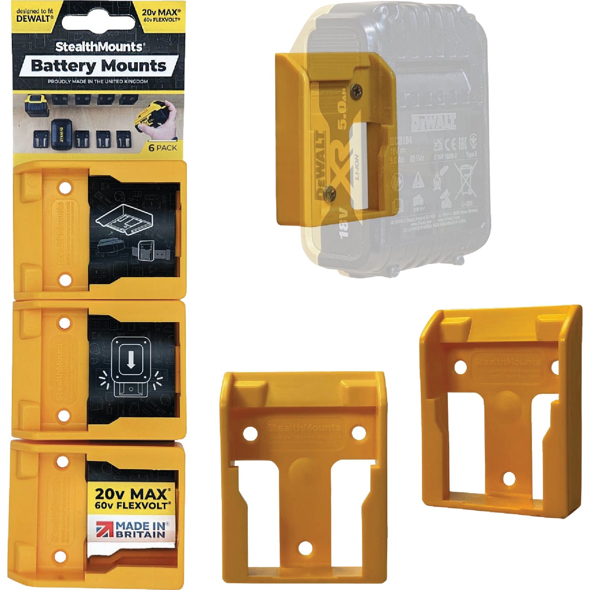 StealthMounts DeWalt 20V/60V Yellow Battery Mounts (6 Pack)