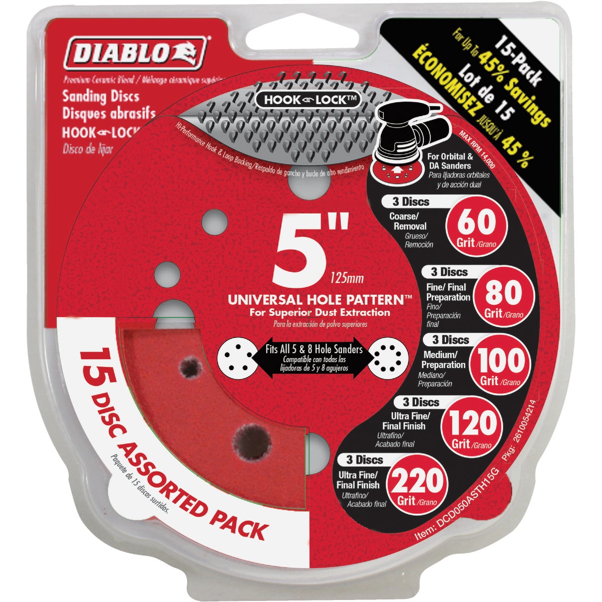 Diablo StickFast 5 In. Assorted Grit 60/80/100/120/220 Hook & Lock Sanding Disc (15-Pack)