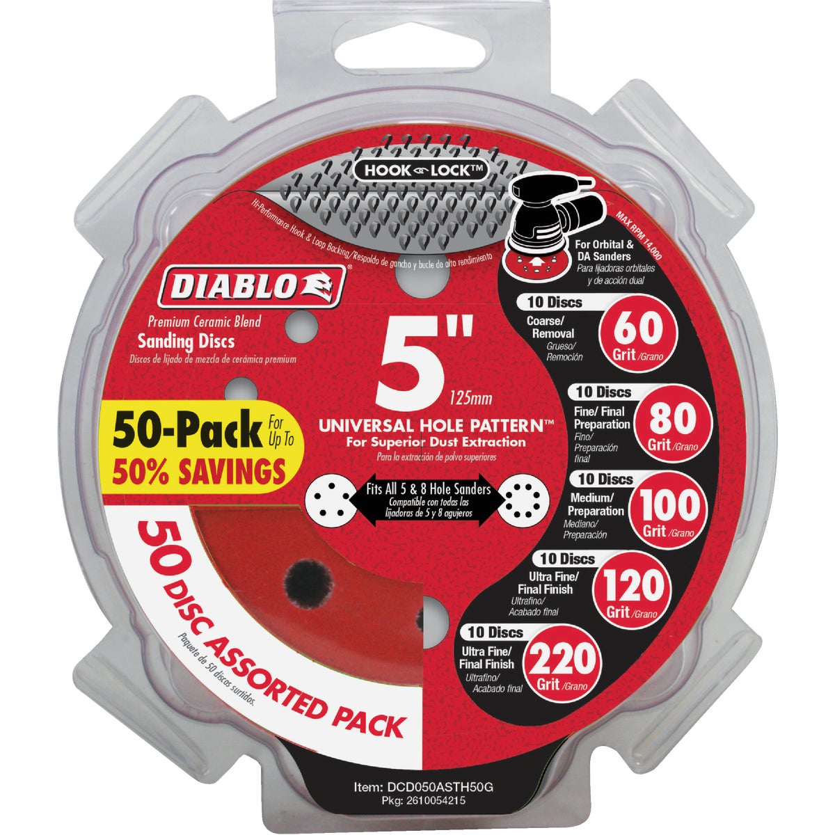 Diablo StickFast 5 In. Assorted Grit 60/80/100/120/220 Hook & Lock Sanding Disc (50-Pack)