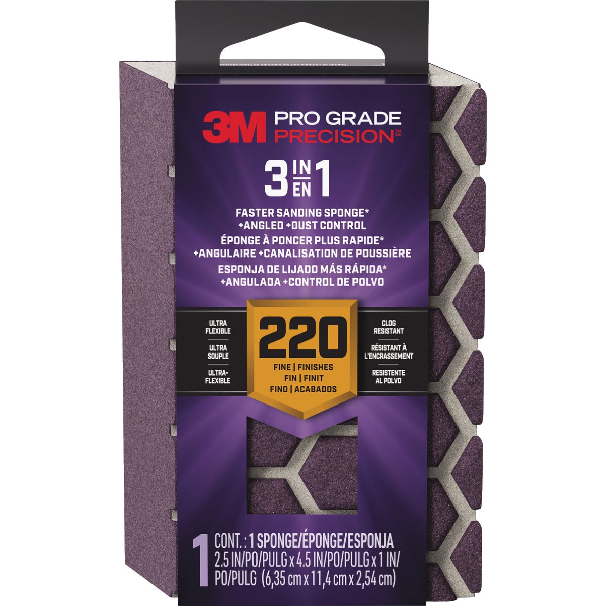3M Pro Grade Precision 2.5 In. x 4.5 In. x 1 In. 220 Grit Fine 3-in-1 Sanding Sponge