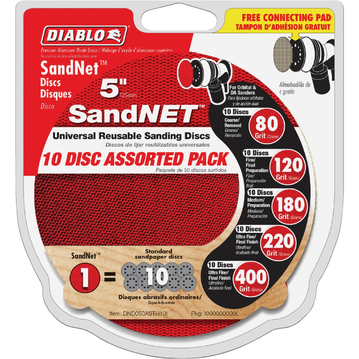 Diablo SandNet 5 In. Assorted Grit 80/120/180/220/400 Sanding Disc with Connection Pad (10-Pack)