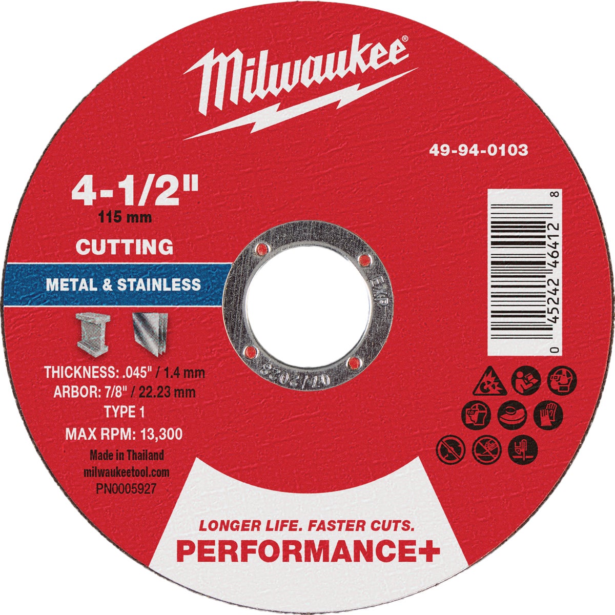 Milwaukee Type 1 4-1/2 In. x .045 In. x 7/8 In. Performance-Plus Metal Cut-Off Wheel