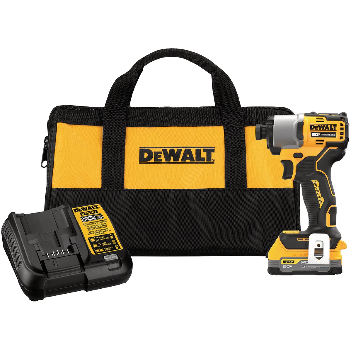 DEWALT 20-Volt MAX Lithium-Ion Brushless 1/4 In. Hex Compact Cordless Impact Driver Kit with POWERSTACK Battery