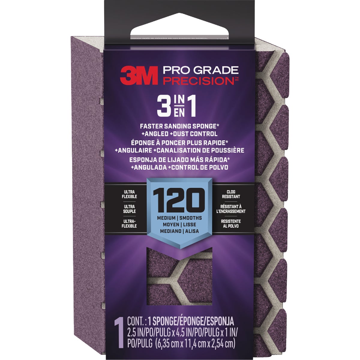 3M Pro Grade Precision 2.5 In. x 4.5 In. x 1 In. 120 Grit Medium 3-in-1 Sanding Sponge