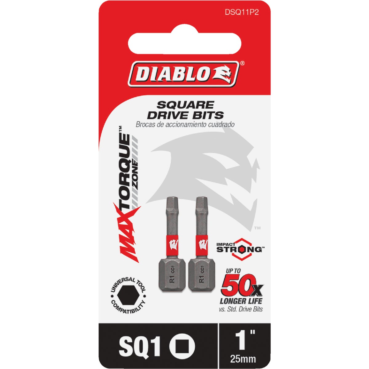 Diablo #1 Square Recess 1 In. Insert Impact Screwdriver Bit (2-Pack)