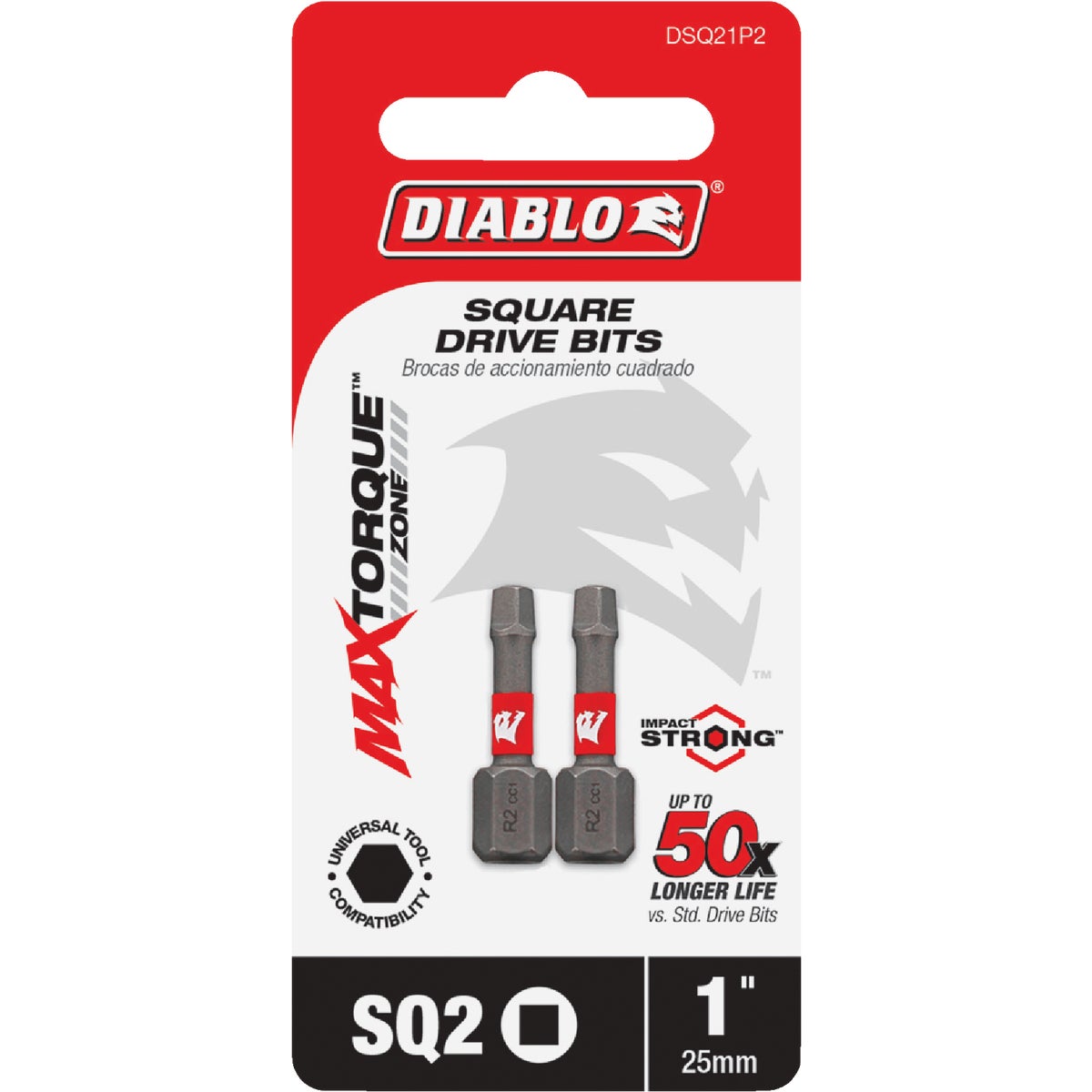 Diablo #2 Square Recess 1 In. Insert Impact Screwdriver Bit (2-Pack)