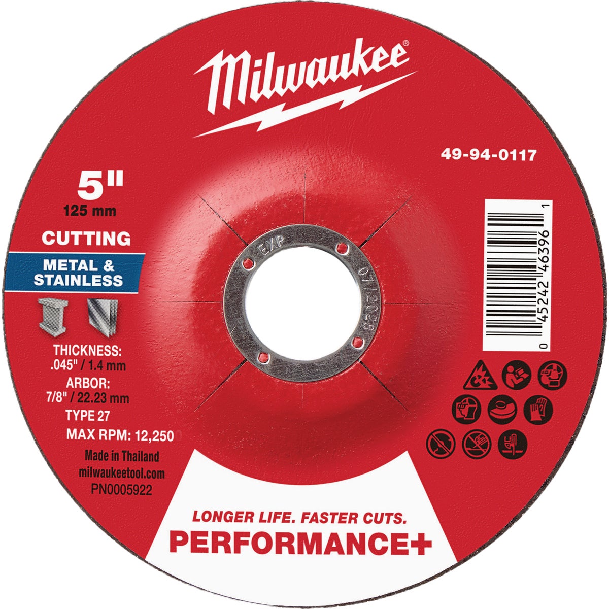 Milwaukee Type 27 5 In. x .045 In. x 7/8 In. Performance-Plus Metal Cut-Off Wheel