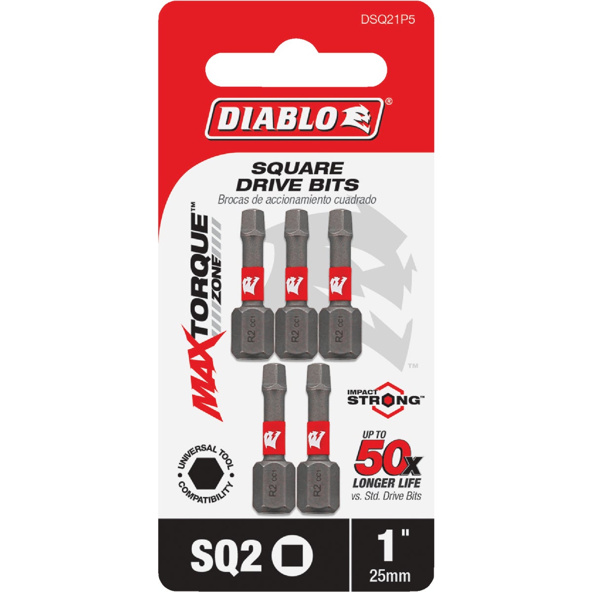 Diablo #2 Square Recess 1 In. Insert Impact Screwdriver Bit (5-Pack)