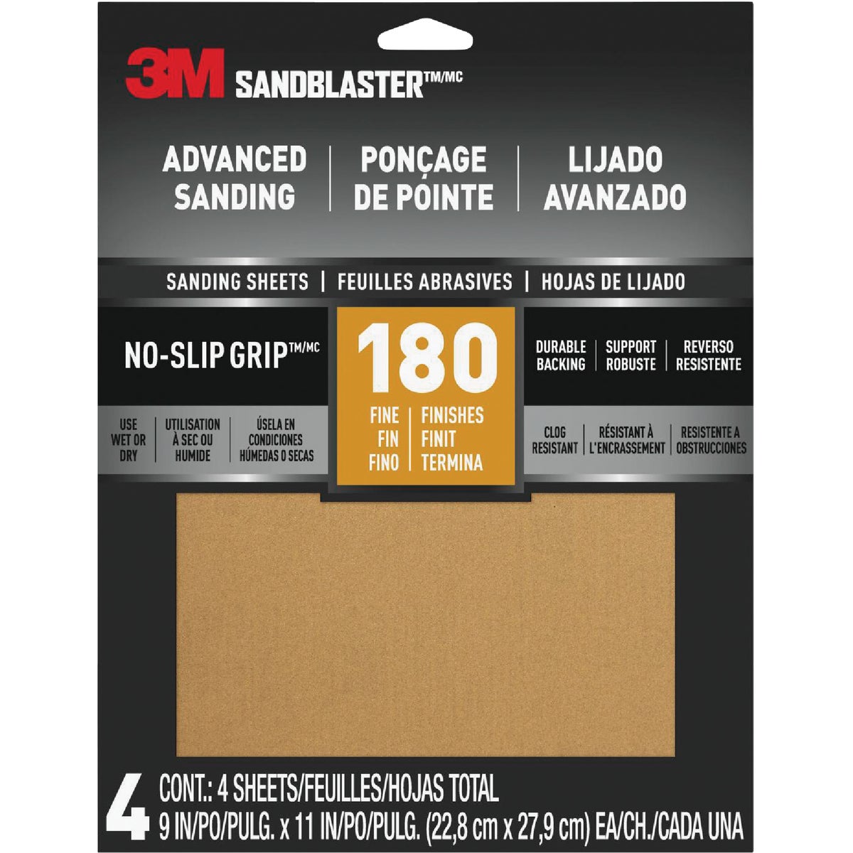 3M SandBlaster No Slip Grip Backing 9 In. x 11 In. 180 Grit Fine Sandpaper (4-Pack)