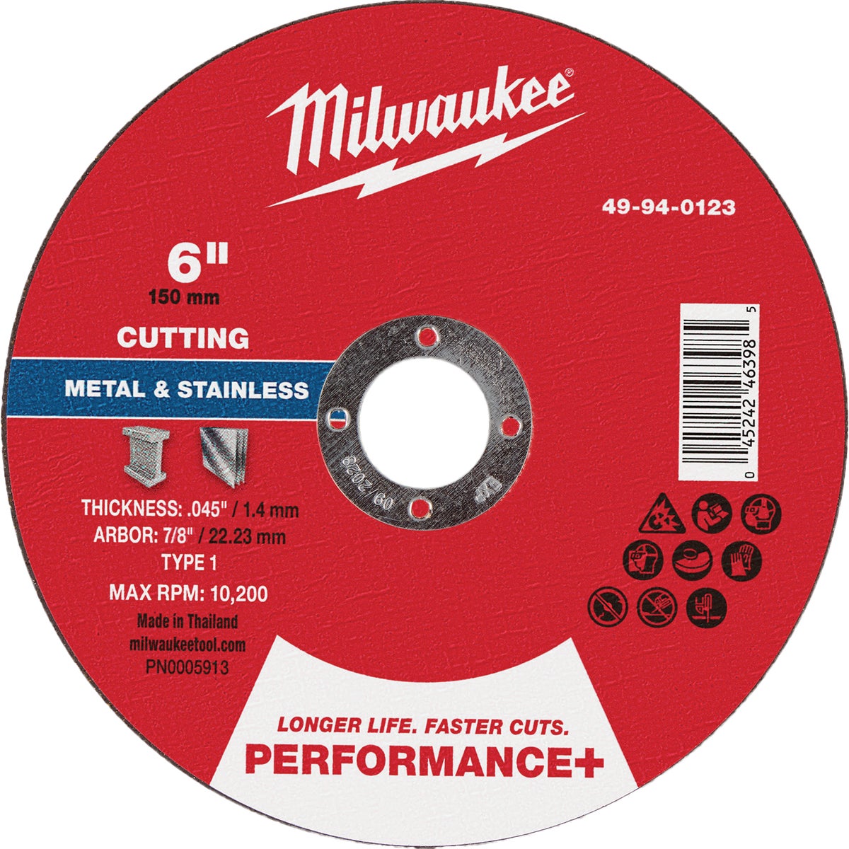 Milwaukee Type 1 6 In. x .045 In. x 7/8 In. Performance-Plus Metal Cut-Off Wheel