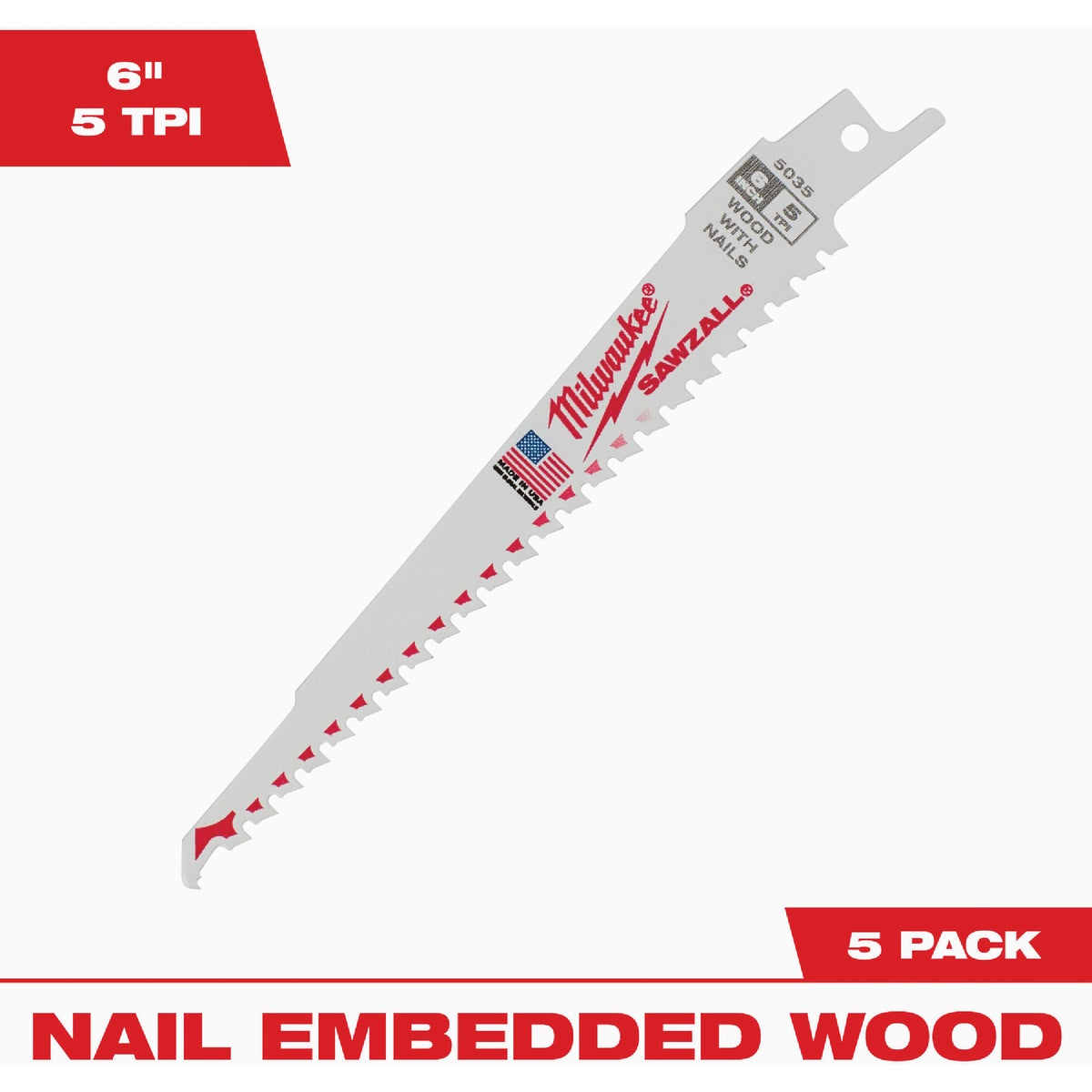 Milwaukee SAWZALL 6 In. 5 TPI Wood w/Nails Reciprocating Saw Blade (5-Pack)