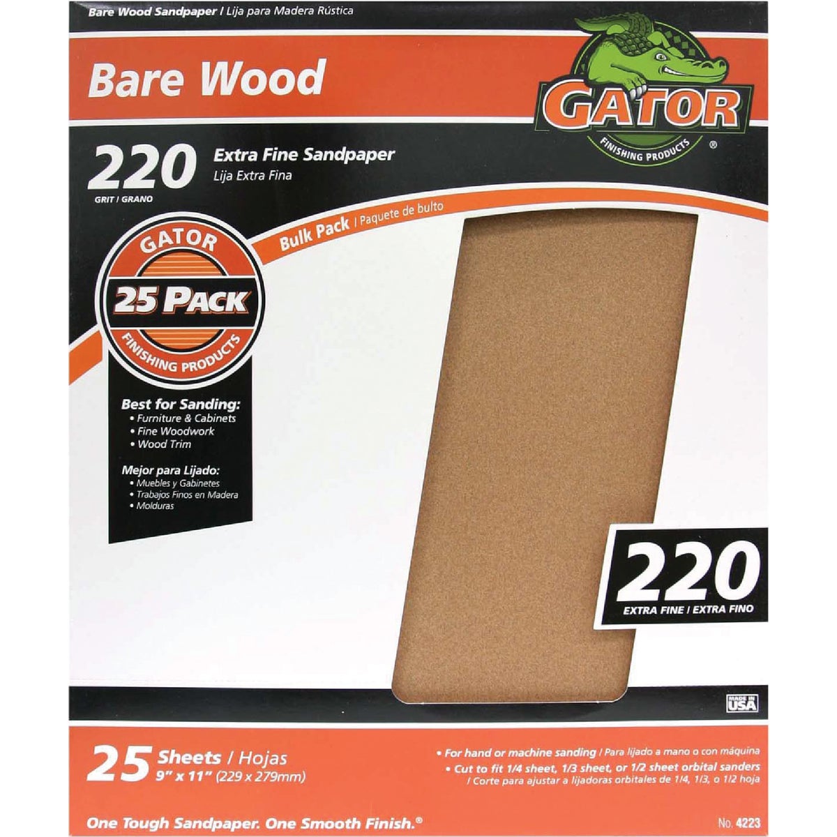 Gator Bare Wood 9 In. x 11 In. 220 Grit Extra Fine Sandpaper (25-Pack)