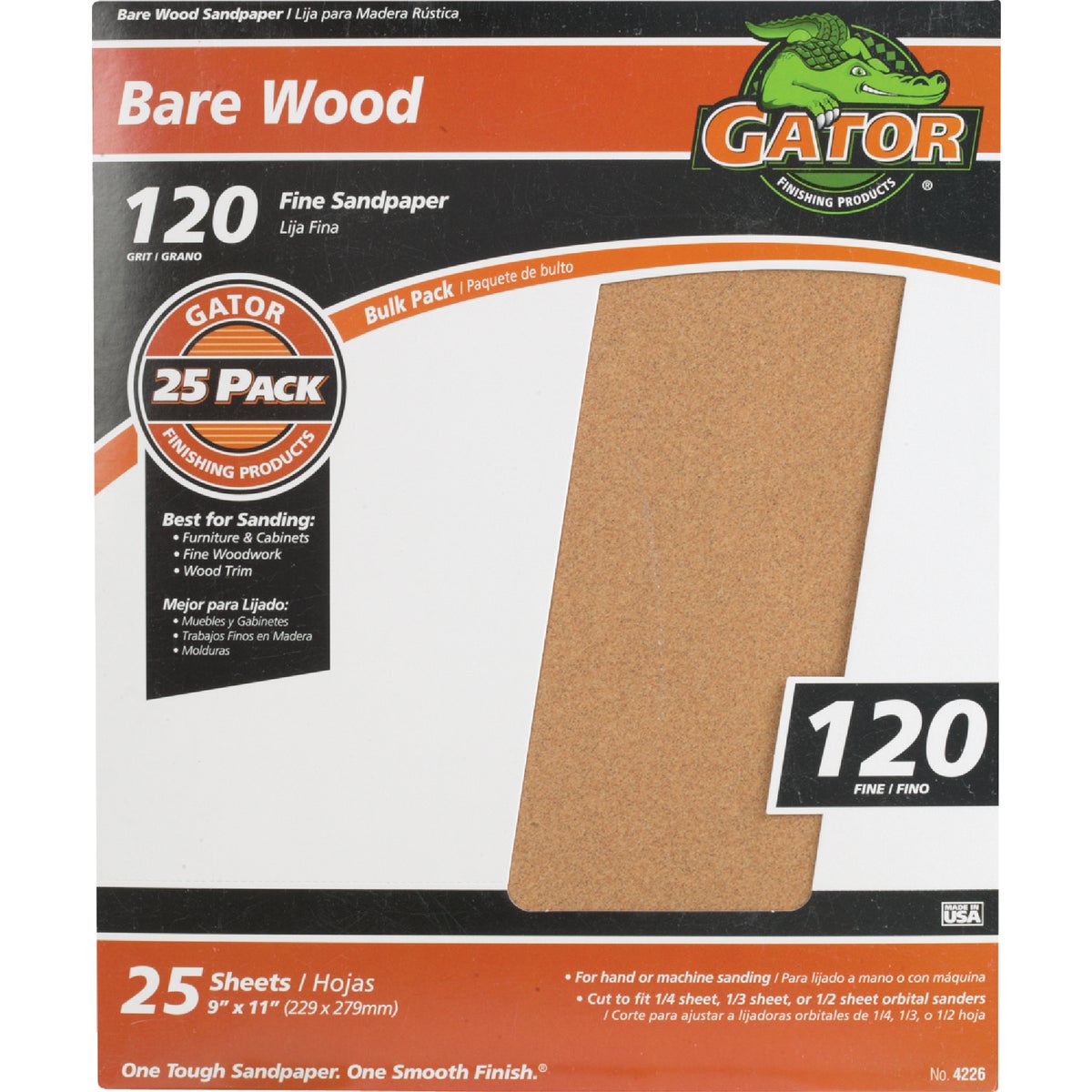 Gator Bare Wood 9 In. x 11 In. 120 Grit Fine Sandpaper (25-Pack)