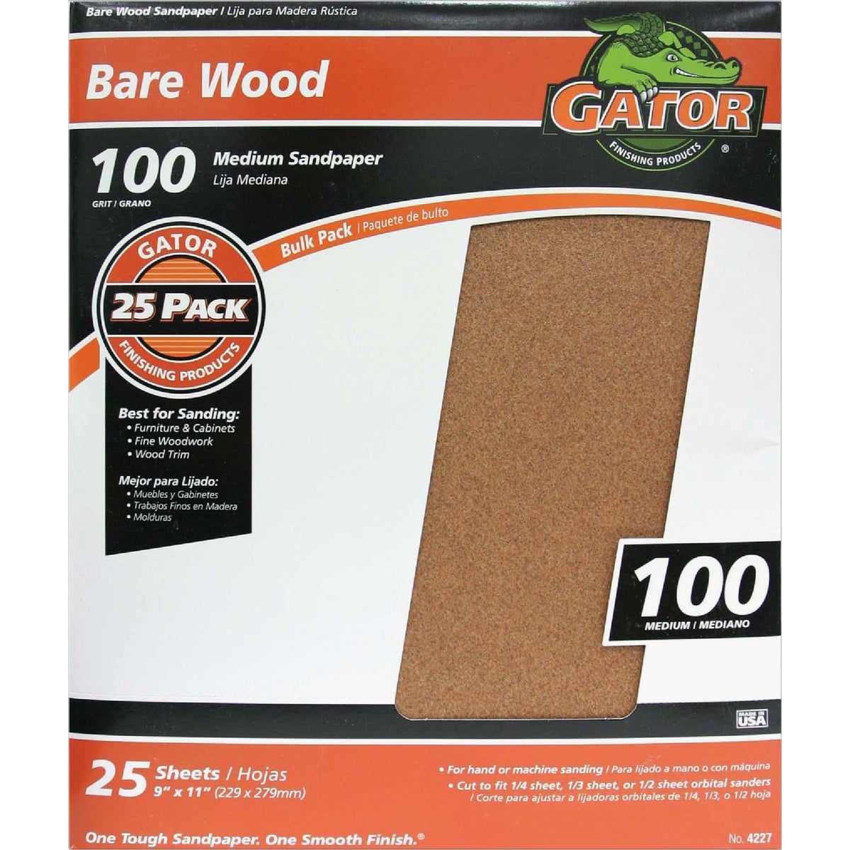 Gator Bare Wood 9 In. x 11 In. 100 Grit Medium Sandpaper (25-Pack)