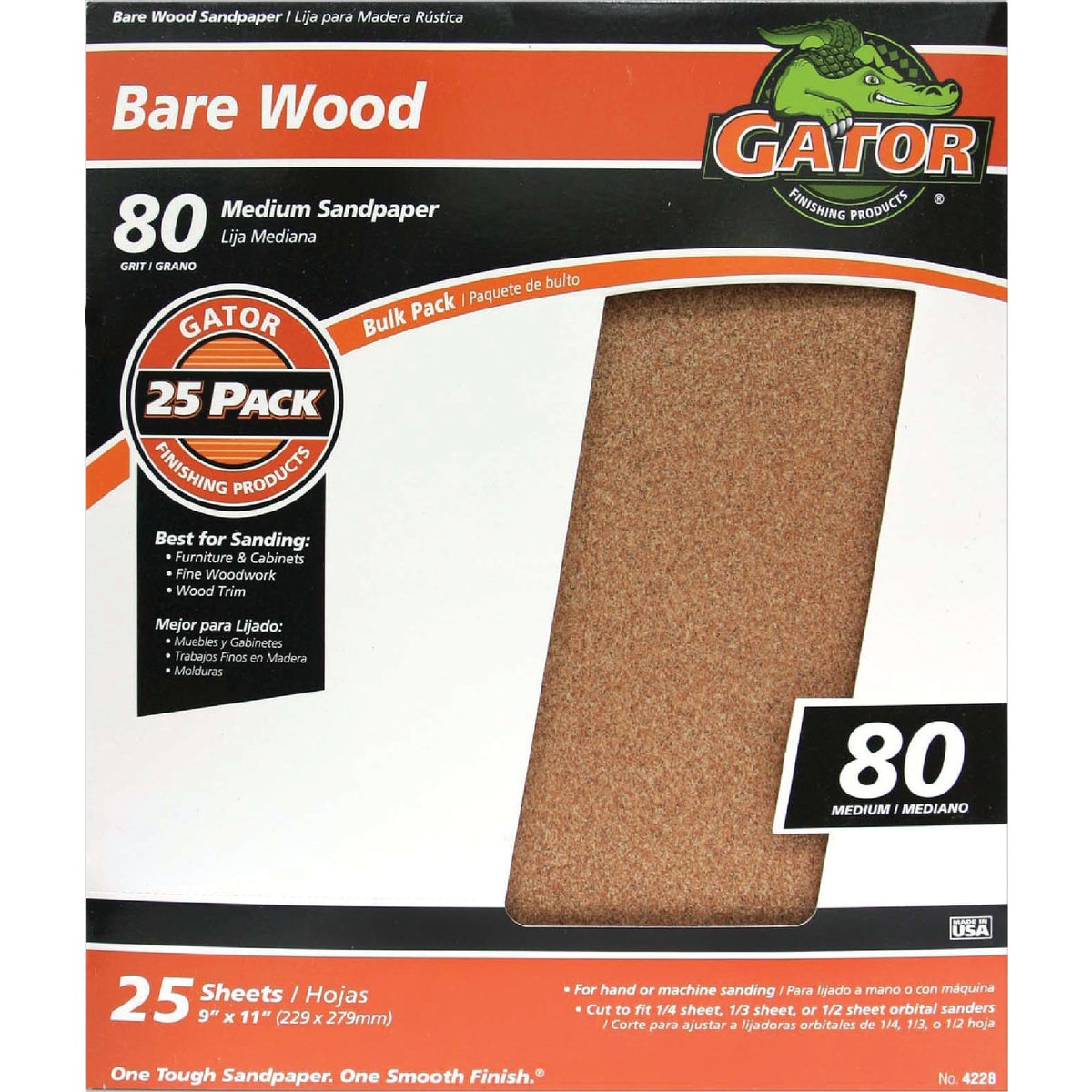 Gator Bare Wood 9 In. x 11 In. 80 Grit Medium Sandpaper (25-Pack)