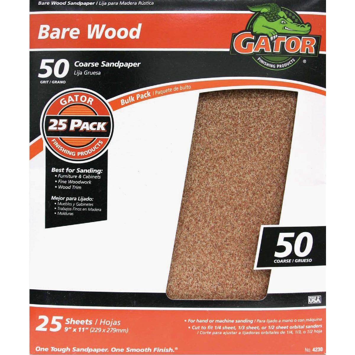 Gator Bare Wood 9 In. x 11 In. 50 Grit Coarse Sandpaper (25-Pack)