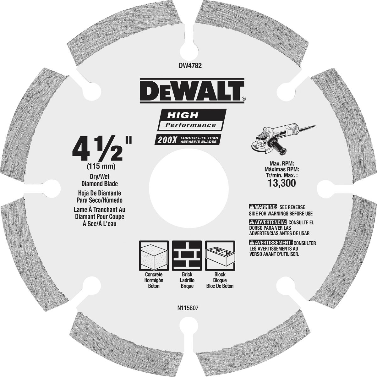 DEWALT High Performance 4-1/2 In. Segmented Rim Dry/Wet Cut Diamond Blade