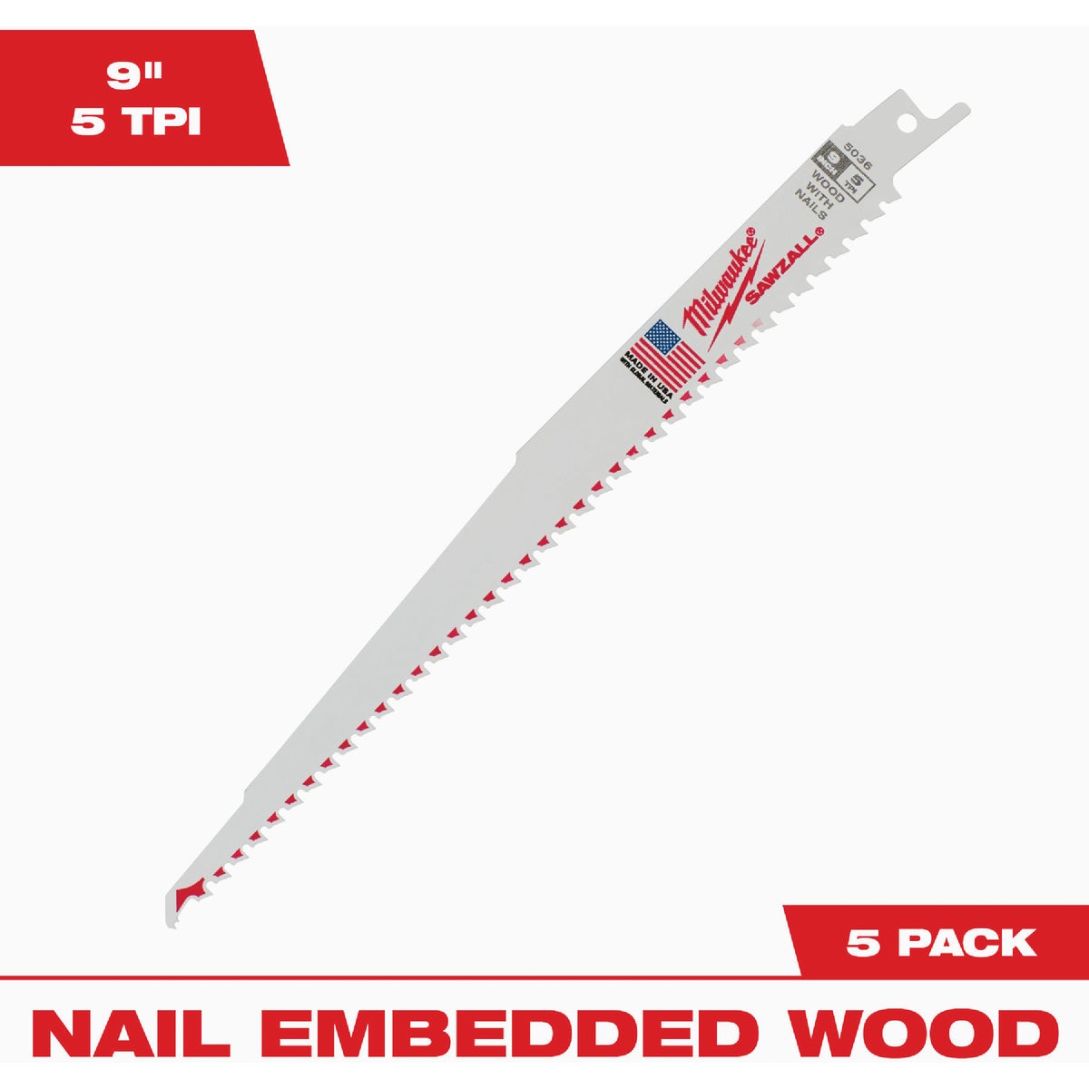 Milwaukee SAWZALL 9 In. 5 TPI Wood w/Nails Reciprocating Saw Blade (5-Pack)