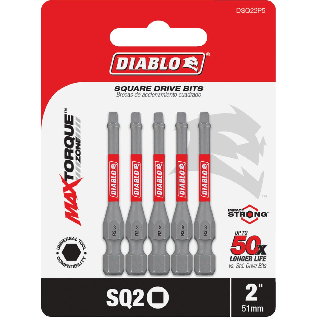 Diablo #2 Square Recess 2 In. Power Impact Screwdriver Bit (5-Pack)