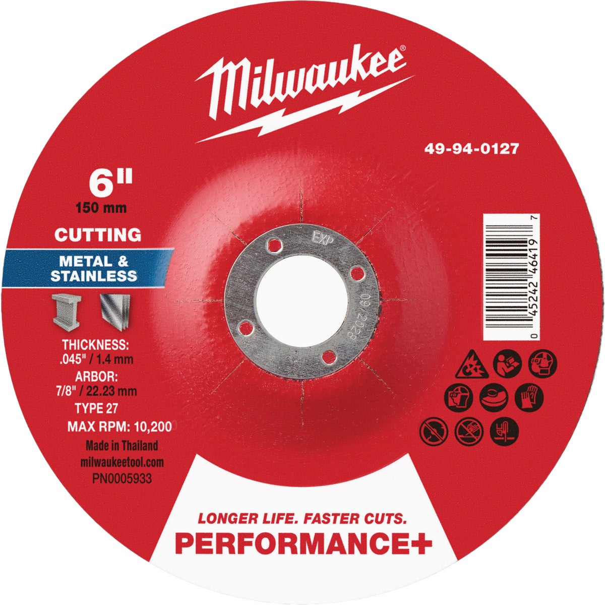 Milwaukee Type 27 6 In. x .045 In. x 7/8 In. Performance-Plus Metal Cut-Off Wheel